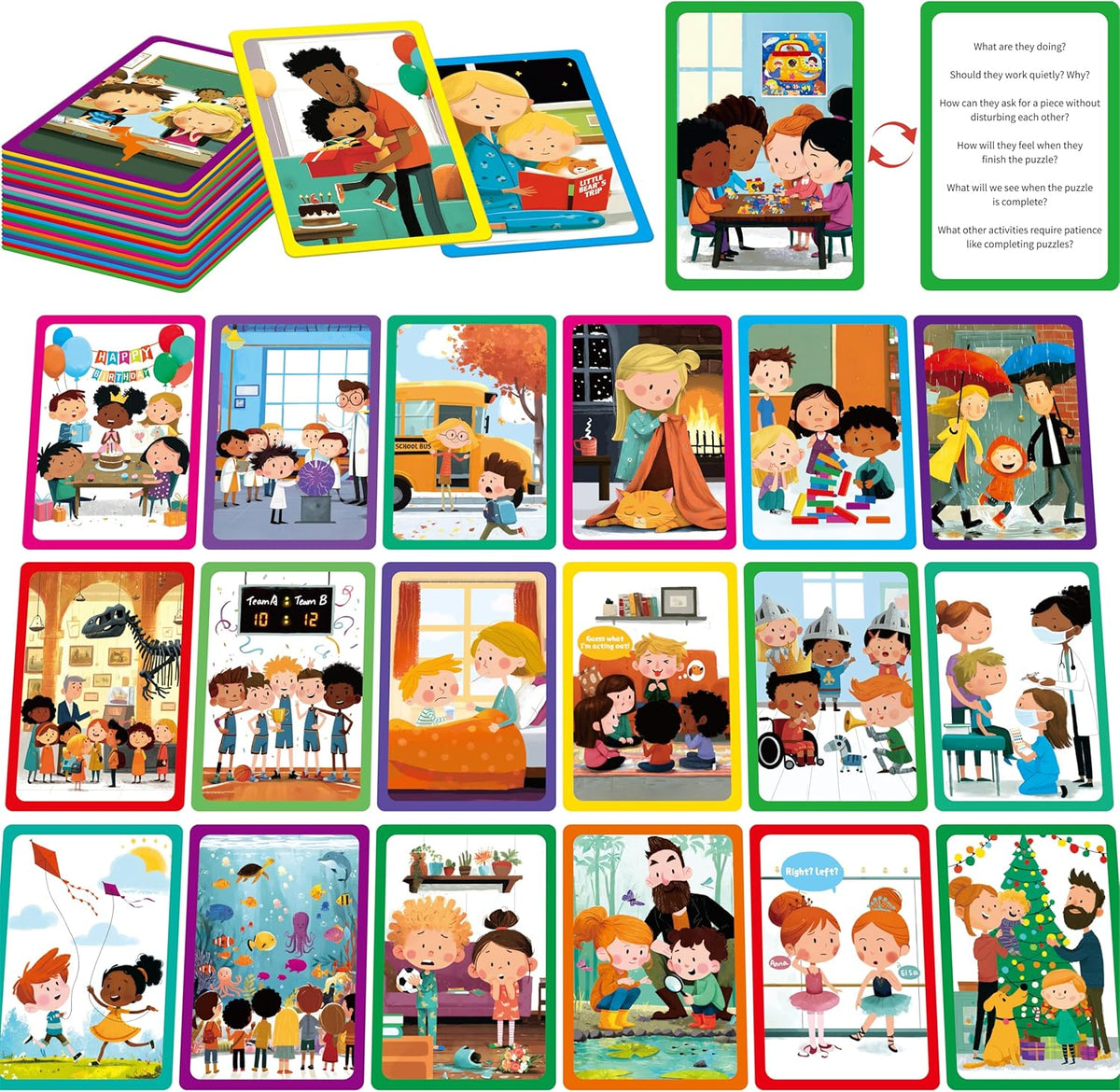 80 Scene Conversation Cards,480+ Questions Of What,Where,Who,Why & How,Materials for Social Skills,Learn Through Friendly Illustrations Of Situations,Develop Emotional Intelligence & Critical Thinking