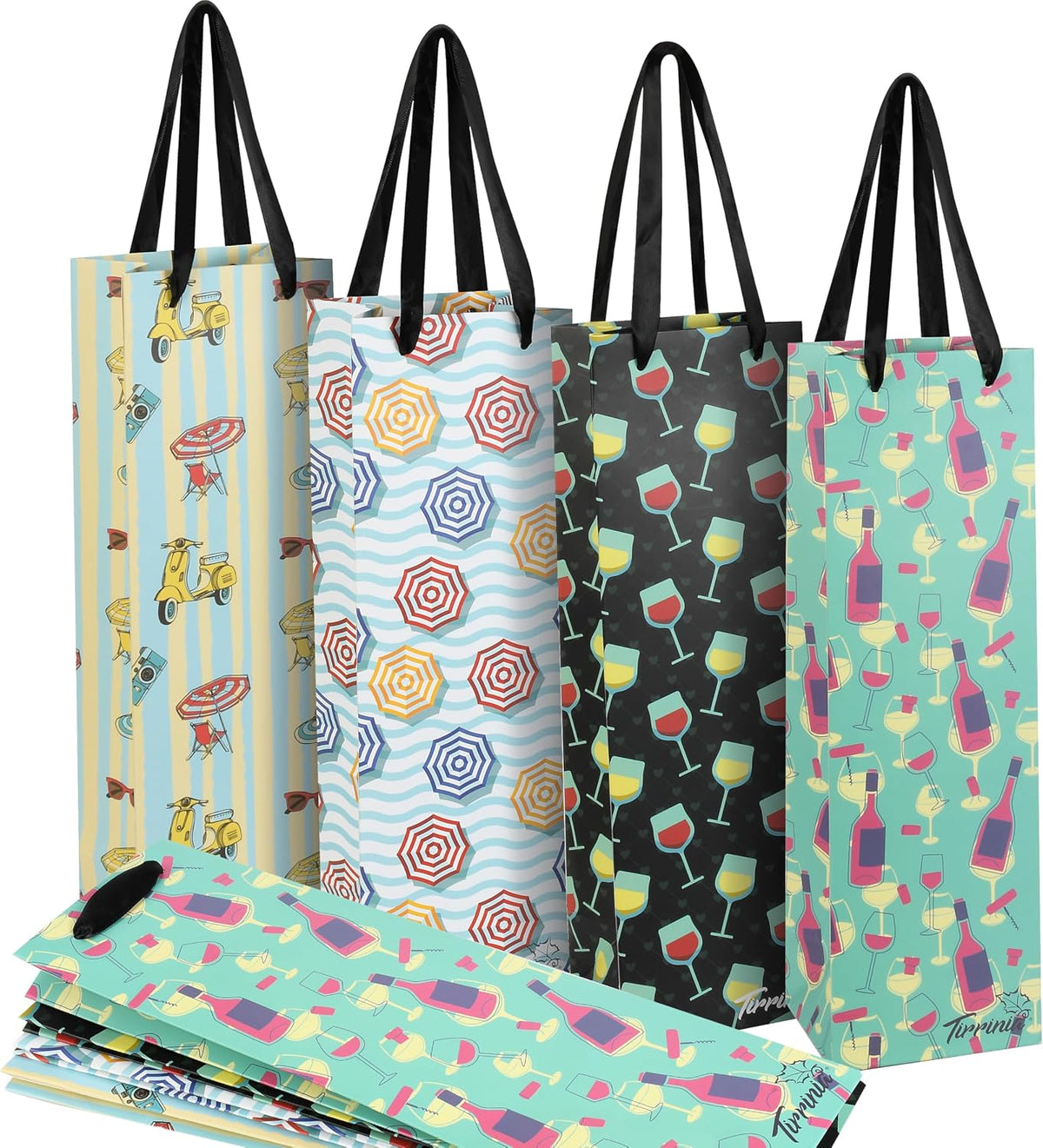 Tirrinia Wine Bottle Gift Bags 12-Pack in 4 Designs