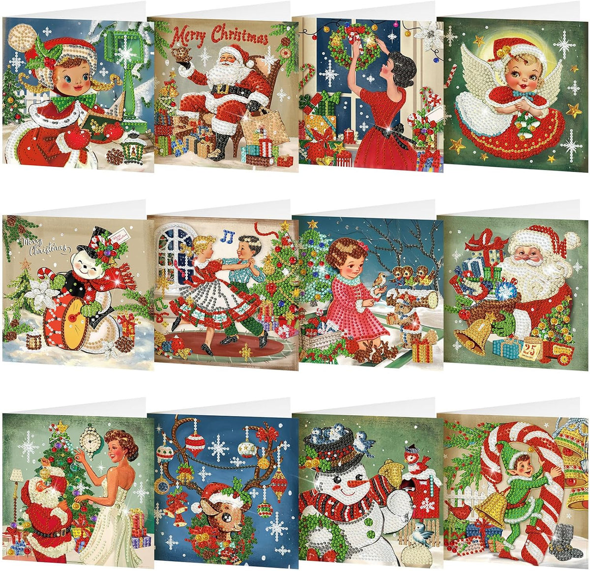 Saillong 12 Pack Vintage Christmas Diamond Painting Greeting Card Kits DIY Retro Christmas Diamond Art Cards with Envelope Xmas 5D Rhinestones Painting Kit for Adults DIY Craft Family Friend Xmas Gift