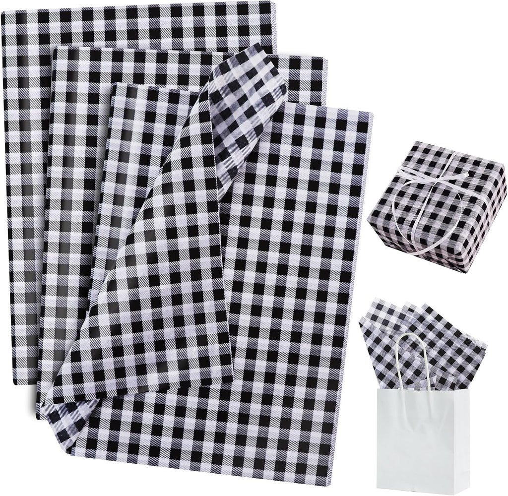 BEISHIDA Christmas Gingham Tissue Paper Bulk, White and Black Buffalo Plaid Wrapping Tissue Paper for Gift Bags, 14 x 20 Inch Gift Wrap for Christmas Easter DIY Crafts Decor Holiday Flowers-50pcs