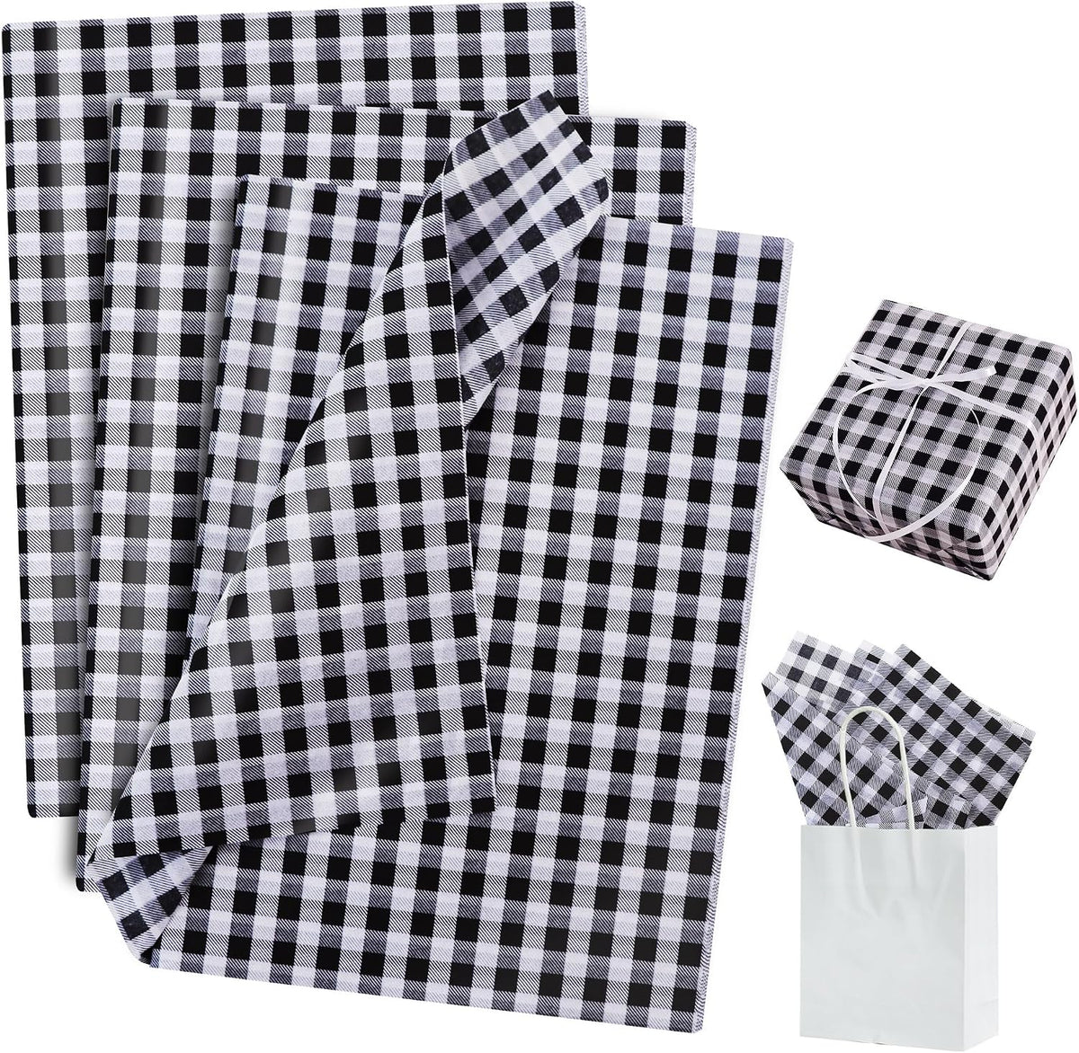 BEISHIDA Christmas Gingham Tissue Paper Bulk, White and Black Buffalo Plaid Wrapping Tissue Paper for Gift Bags, 14 x 20 Inch Gift Wrap for Christmas Easter DIY Crafts Decor Holiday Flowers-50pcs