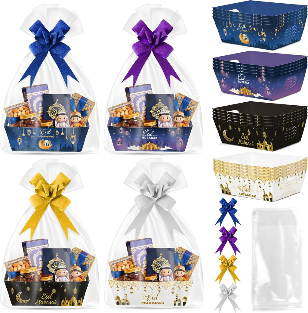 OSNIE Eid Mubarak Gift Bag Empty Baskets - 24 Sets Islamic Eid Gold Lantern and Moon Party Gift Baskets Empty with Cellophane Bags and Ribbons Bows for Festivals Holiday Business Carnival (4 Styles)