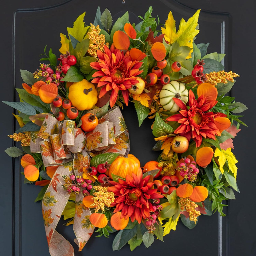 Pinkpum 20" Fall Wreath Front Door Pumpkin Sunflower Pine Cones Wall Decor