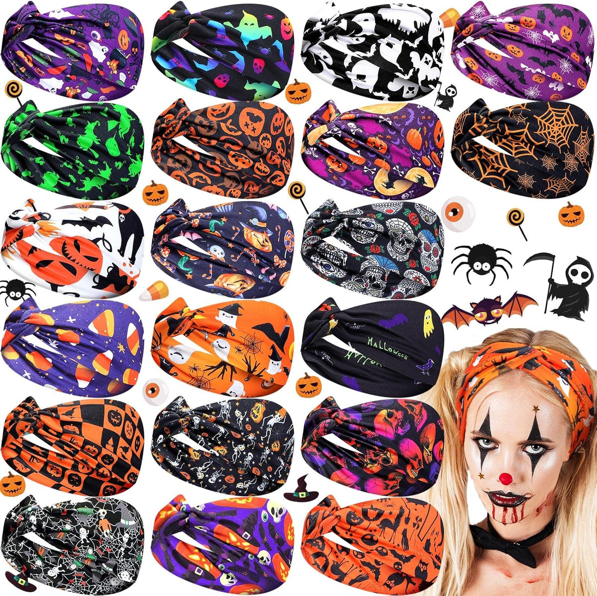 Hoteam 20 Pcs Halloween Headbands Bulk for Women Skull Elastic Non Slip