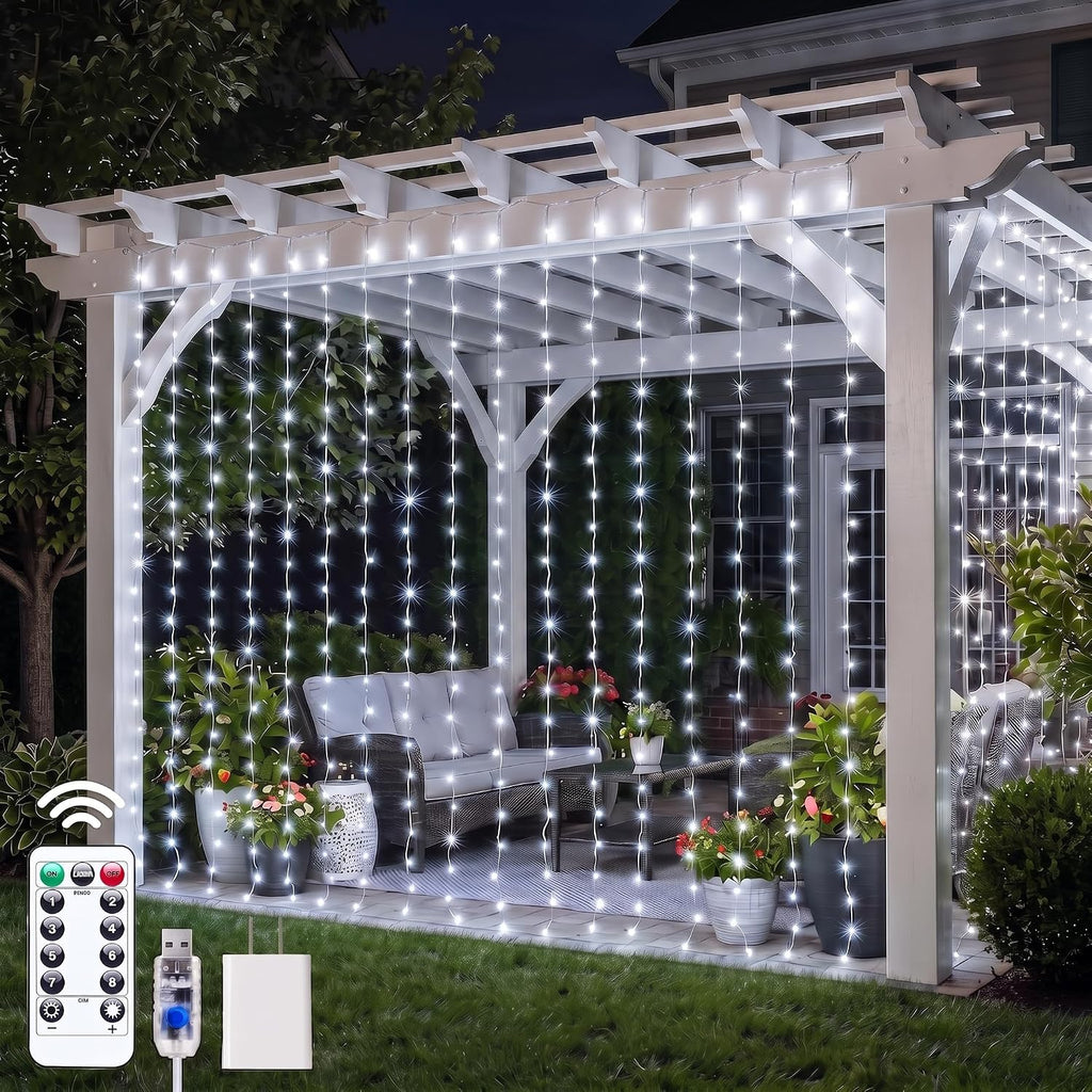 Brightown Curtain String Lights, Hanging Fairy Lights with Remote, 8 Modes, Waterproof Window Lights for Bedroom Backdrop Wedding Outdoor Christmas Party, White, 300LEDs