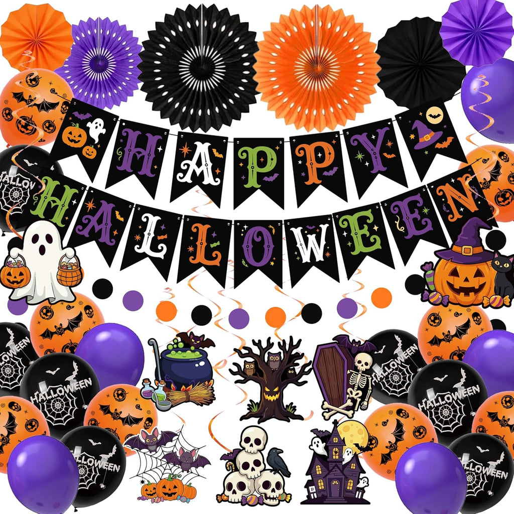 36 Pcs Halloween Party Decorations Indoor, Orange Purple Black Happy Halloween Banner Paper Fans Swirls and Printed Balloons, Spooky Room Wall Decor Supplies