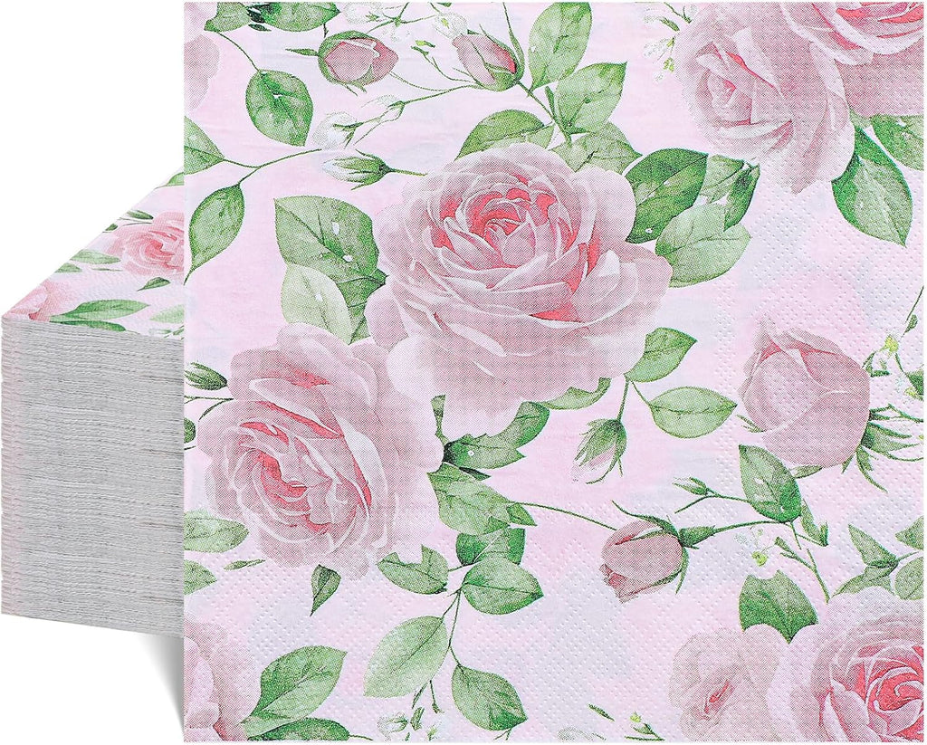 Natnarr Pink Floral Paper Napkins, 50 Pack, 6.5 x 6.5 Inch