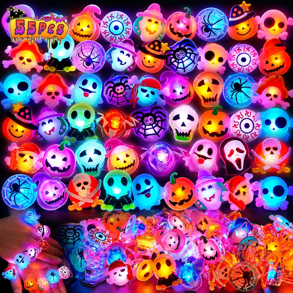 Tiaxidex 55PCS Halloween Treats Light Up LED Rings, Non Candy Halloween Trick or Treats 3D Flashing Rings Toys Glow In the Dark Party Favor Ring Toy Gifts For Kids Adults Goodie Bag Stuffers