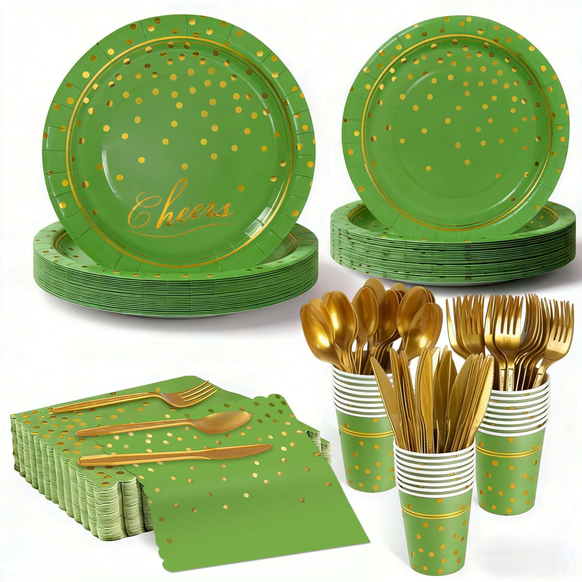 168Pcs Green and Gold Paper Plates and Napkins Party Supplies for 24 Guest
