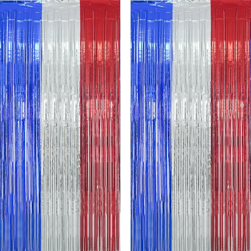 Blue Silver Red Party Streamers 4th of July Decorations 3.2ft x 8.2ft 2 PCS