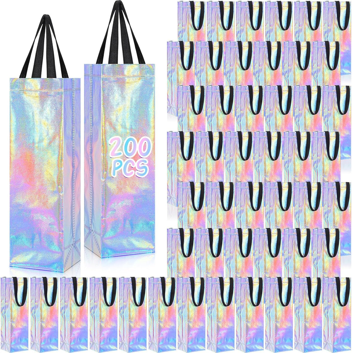 Windyun 200 Pcs Wine Gift Bags with Handle Reusable Small 13.8x3.5x3.9 Inches Liquor Bottle Totes Bulk for Birthday Wedding Christmas Holiday Party (Iridescent)