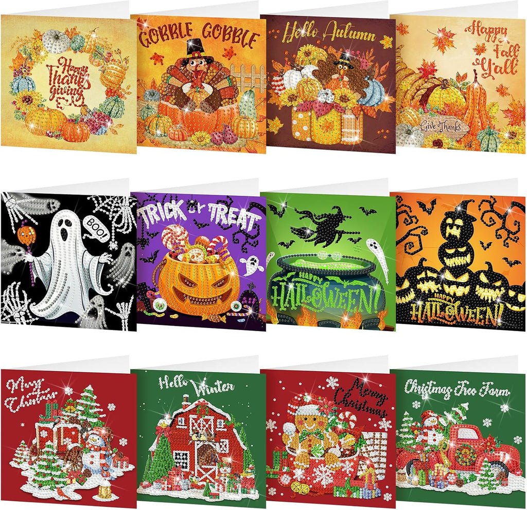 Saillong 12 Pack Fall Diamond Painting Greeting Cards Kits DIY Holiday Diamond Art Cards with Envelopes Halloween Christmas 5D Rhinestones Painting Making Kit for Adult DIY Crafts Party Favors Gifts