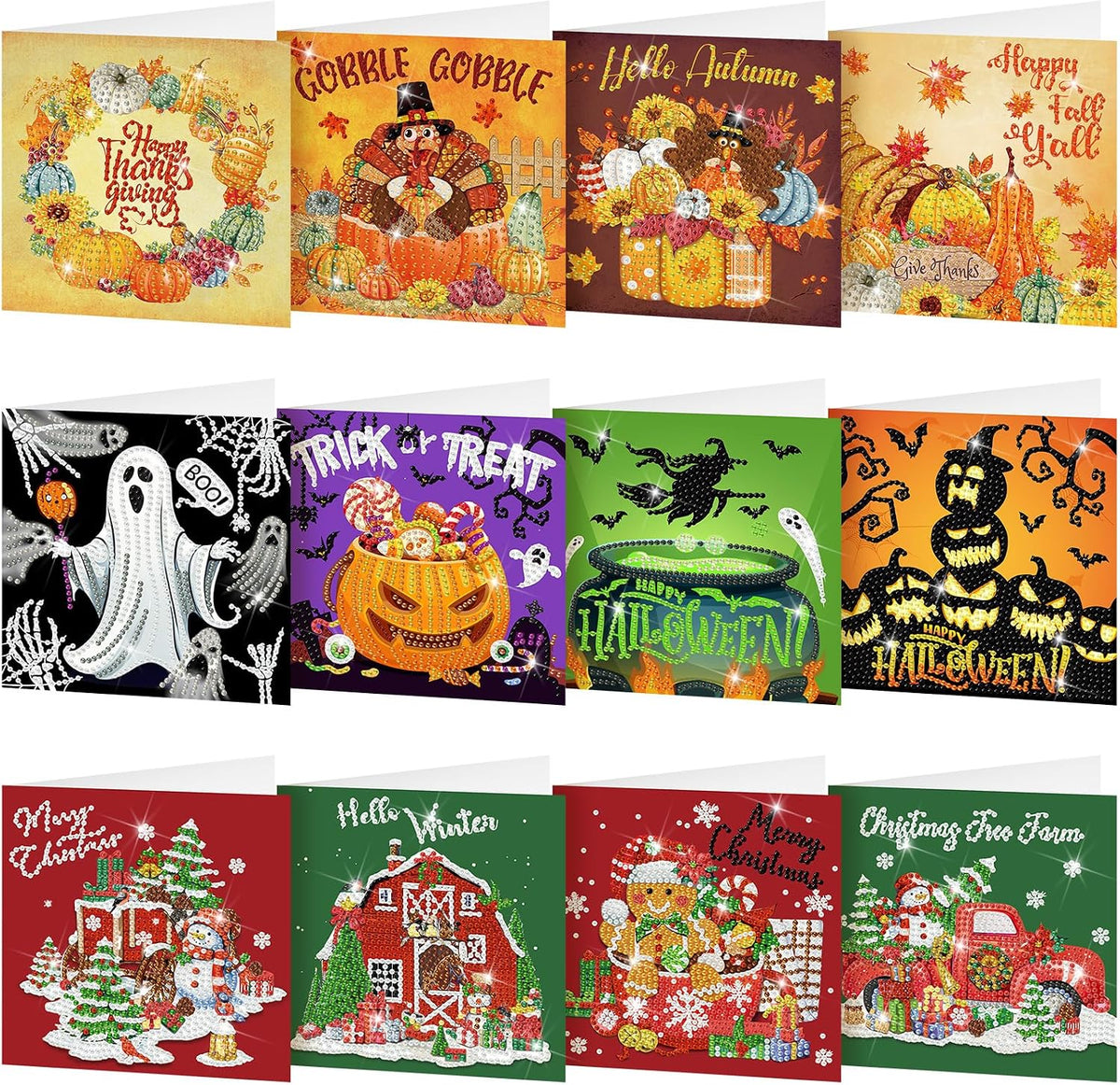 Saillong 12 Pack Fall Diamond Painting Greeting Cards Kits DIY Holiday Diamond Art Cards with Envelopes Halloween Christmas 5D Rhinestones Painting Making Kit for Adult DIY Crafts Party Favors Gifts