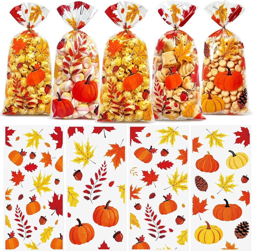 50Pcs Fall Cellophane Treat Bags, Thanksgiving Goodie Bags with Twist Ties