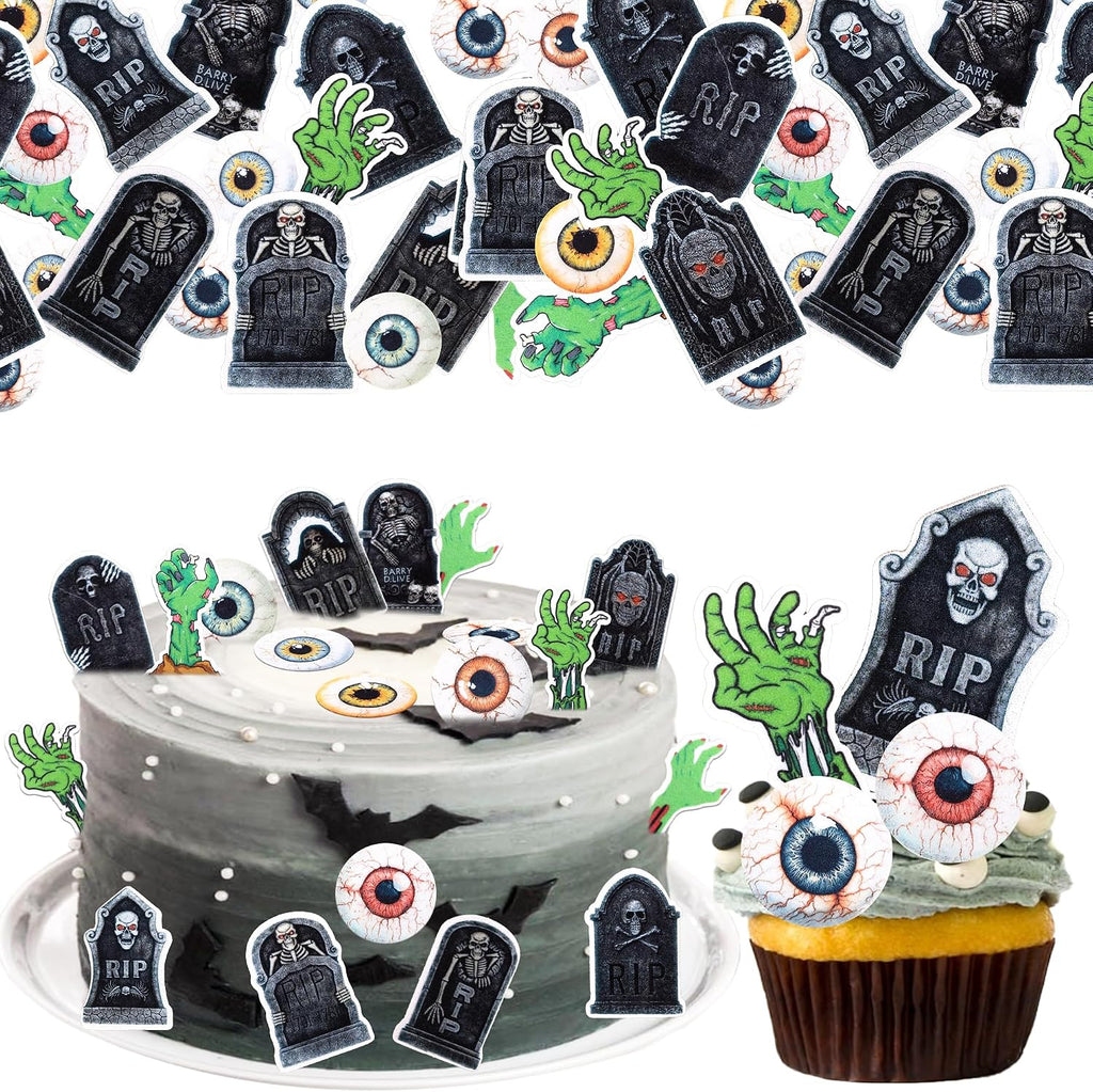 72 PCS Edible Halloween Cupcake Toppers Wafer Paper Skeleton Graveyard Tombstone Cupcake Picks Edible Horror Eyeballs Zombie Hands Cake Decorations for Halloween Theme Birthday Spooky Party Supplies