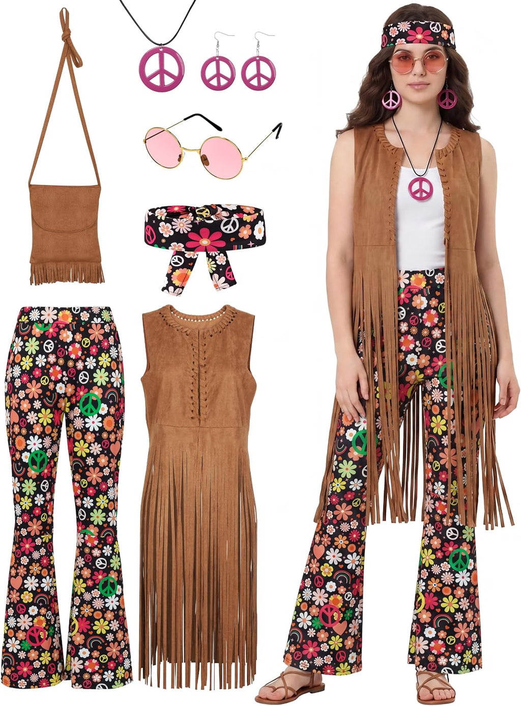 SOMSOC 7 Pieces 60s 70s Women Hippie Costume Fringe Vest Bag Pant Headband for Disco