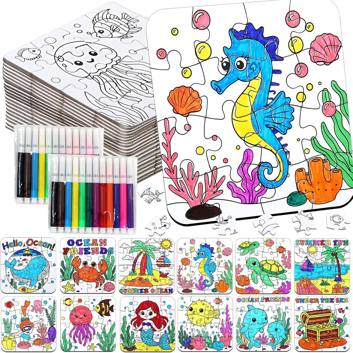 24 Set Summer Crafts for Kids Adults Bulk, Summer Activities DIY Puzzle with Ocean Mermaid Fish Starfish Animal, Camp Beach Arts Jigsaw Classroom Gifts, Under the Sea Theme Party Favors Coloring Games