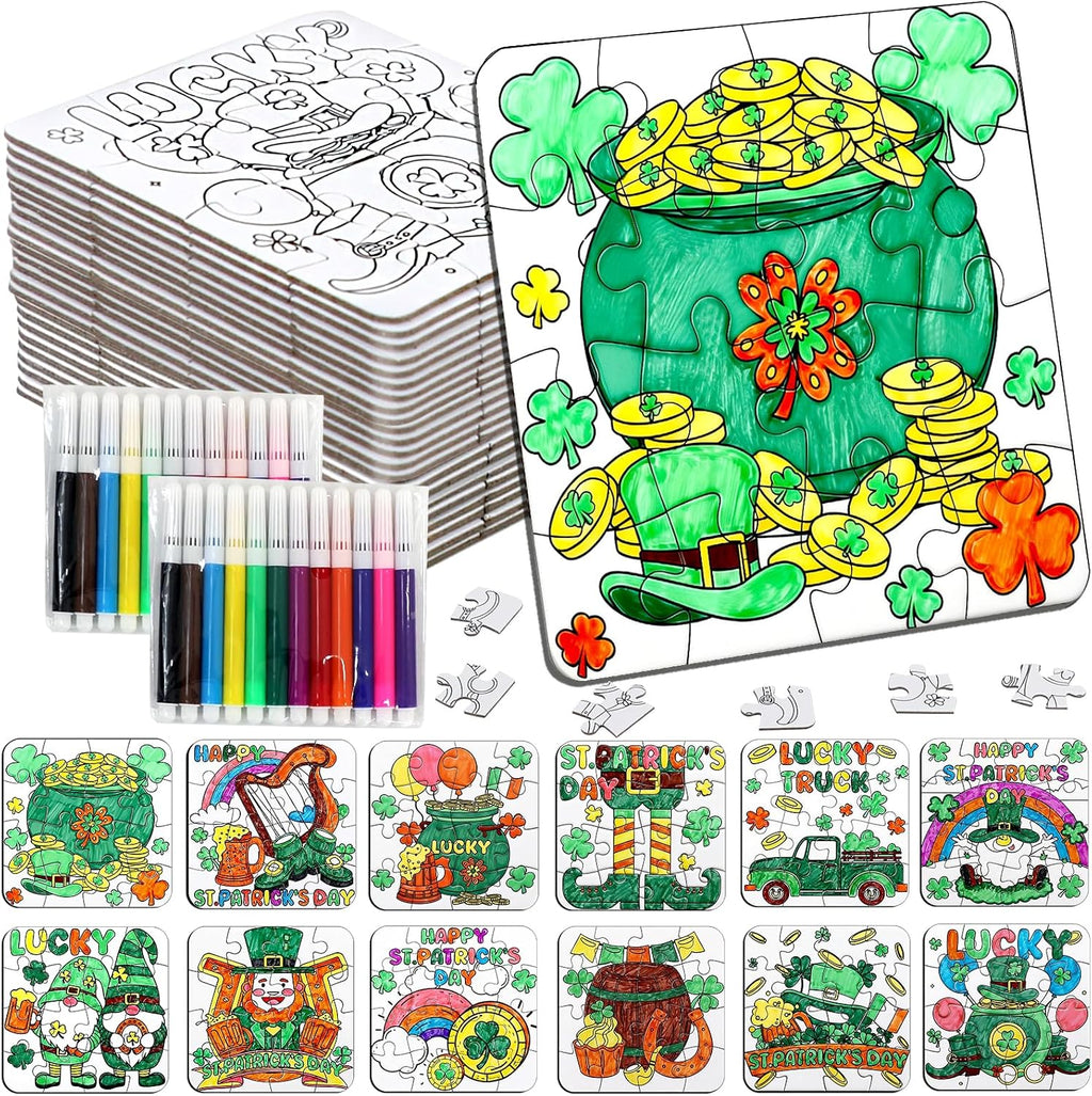 St Patricks Day Crafts for Kids & Adults Bulk, St. Patrick's Day Activities Classroom Gifts, Irish DIY Kits Jigsaw Puzzles with Pot of Gold, Leprechaun Shamrock, March Arts for Party Favors Supplies