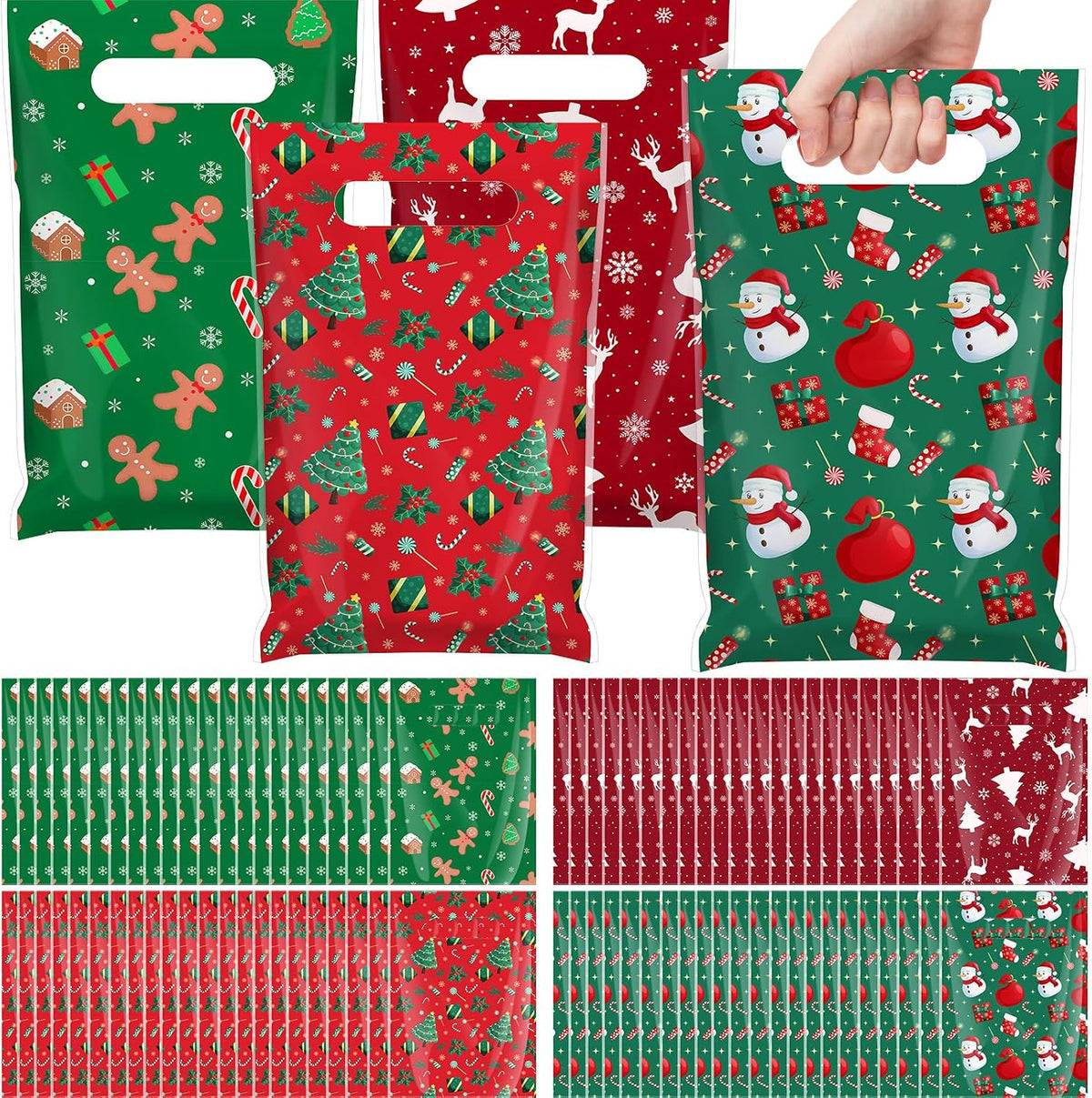 Gilprop 100 Pcs Christmas Plastic Gift Bags Bulk Small Treat Goodie Bags