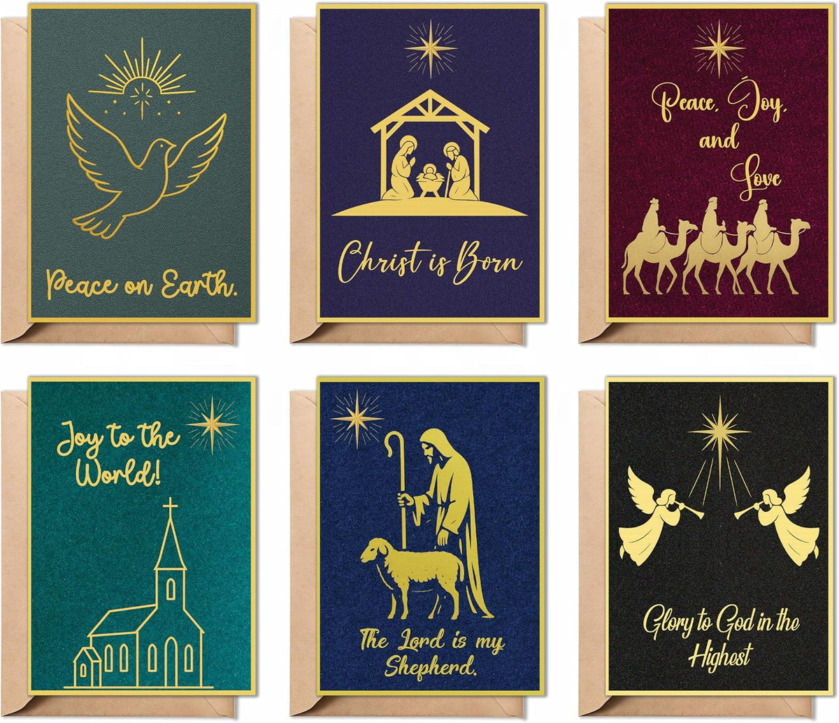 Religious Christmas Cards, 18 Folded 5x7 Glitter Cards with Envelopes