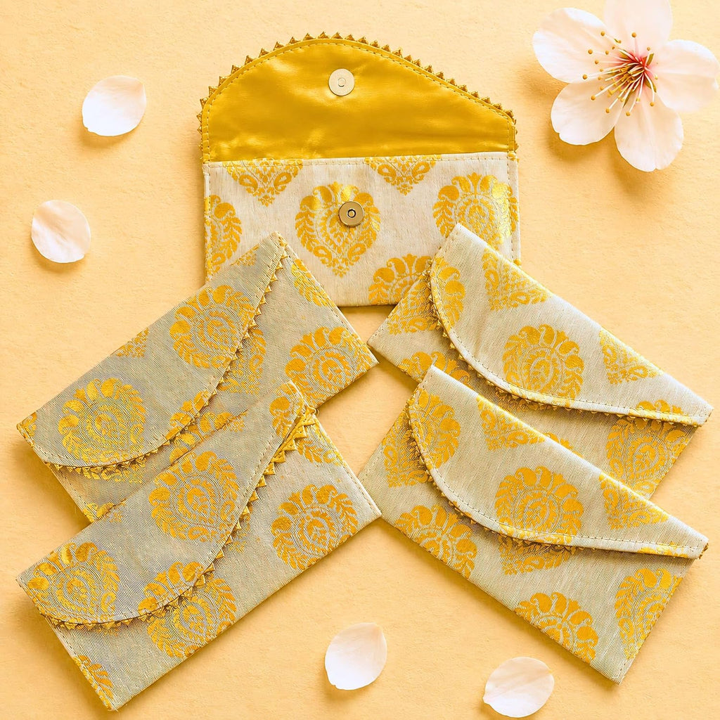 LoveNspire Brocade Fabric Money Envelopes (8 x 4 Inch) Decorative Floral Pattern Shagun Lifafa for Indian Wedding, Birthday | Cash Gift Holder & Home Savings Organizer Beige/Pack of 20