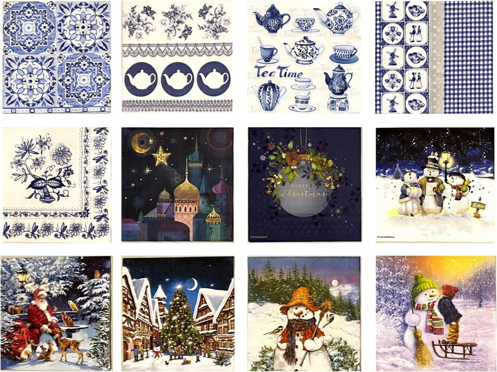 12 Styles 6.5 Assorted Blue Christmas Napkins for Decoupage - Elegant Winter Paper Napkins