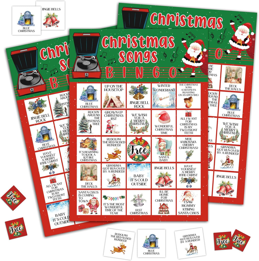 Christmas Songs Bingo Game Cards, Xmas Party Games, Christmas Party Game Decor, Winter Holiday Games, Bingo Sets for Adults Large Group, Winter Theme Party Activity Supplies -A19