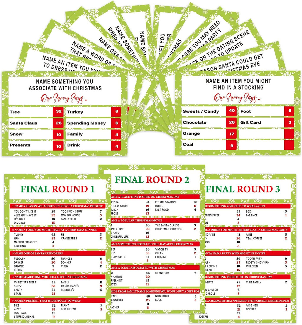 60 Pcs Christmas Family Feud Game,Funny Christmas Party Games, Christmas Trivia Game, Family Feud Quiz Holiday Games for Groups SD-WF01