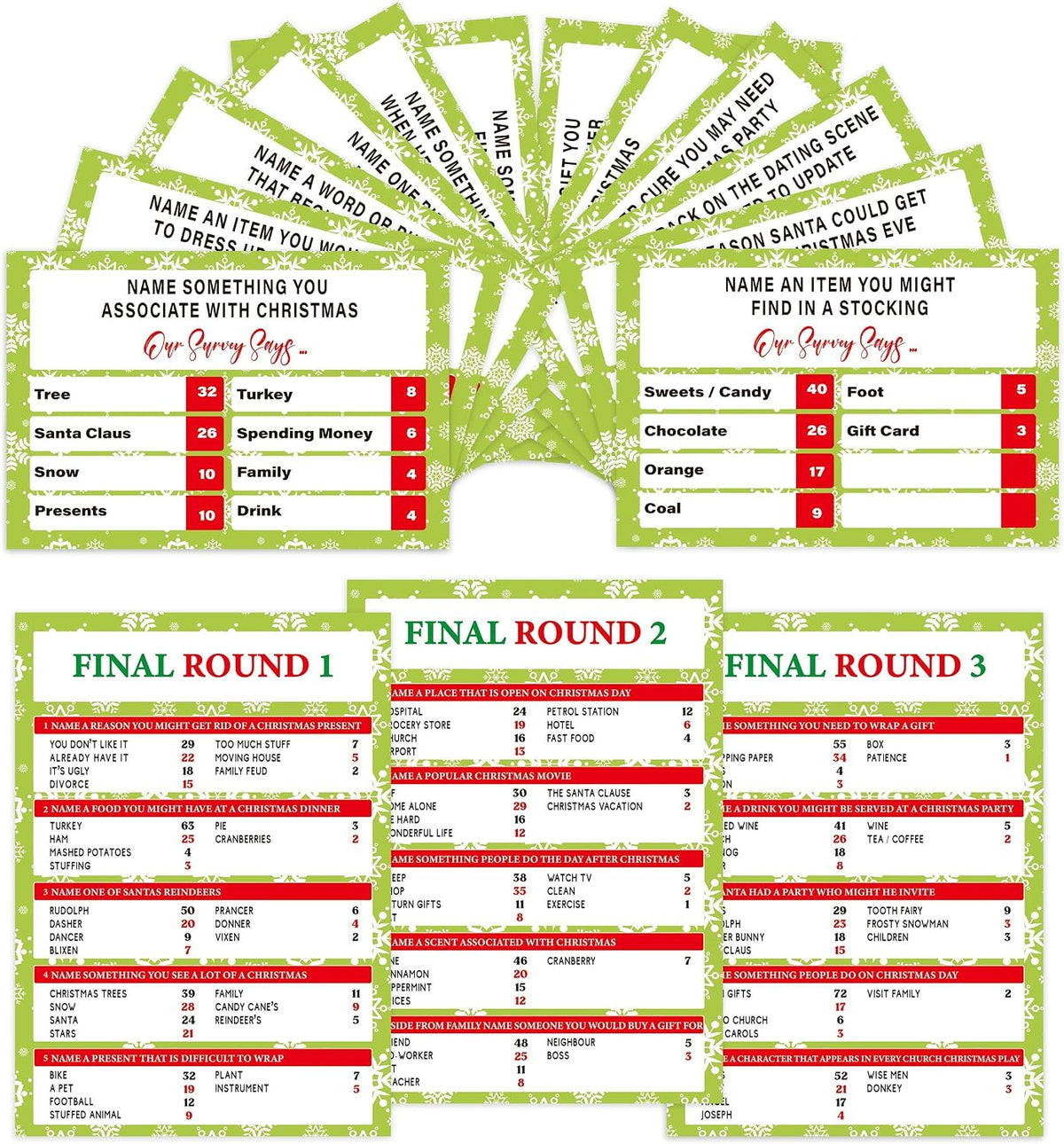 60 Pcs Christmas Family Feud Game,Funny Christmas Party Games, Christmas Trivia Game, Family Feud Quiz Holiday Games for Groups SD-WF01