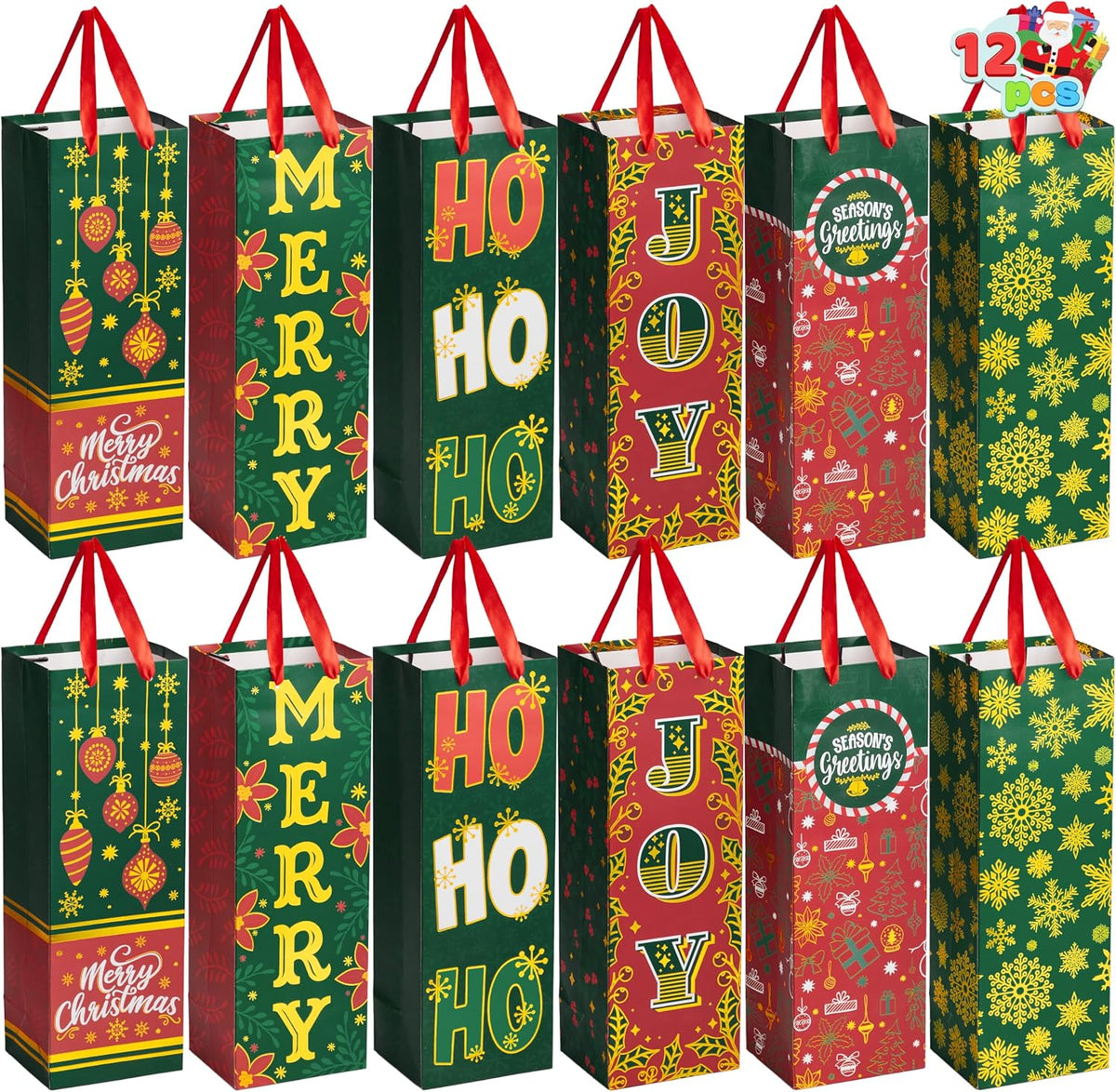 JOYIN 12 PCS Christmas Wine Gift Bags Holiday Wine Bottles Wrap Bags with Handles for Gift Wrap,Winter Holiday Anniversary Engagement Thanksgiving Home Table Decoration (14” x 5” x 4.75”)
