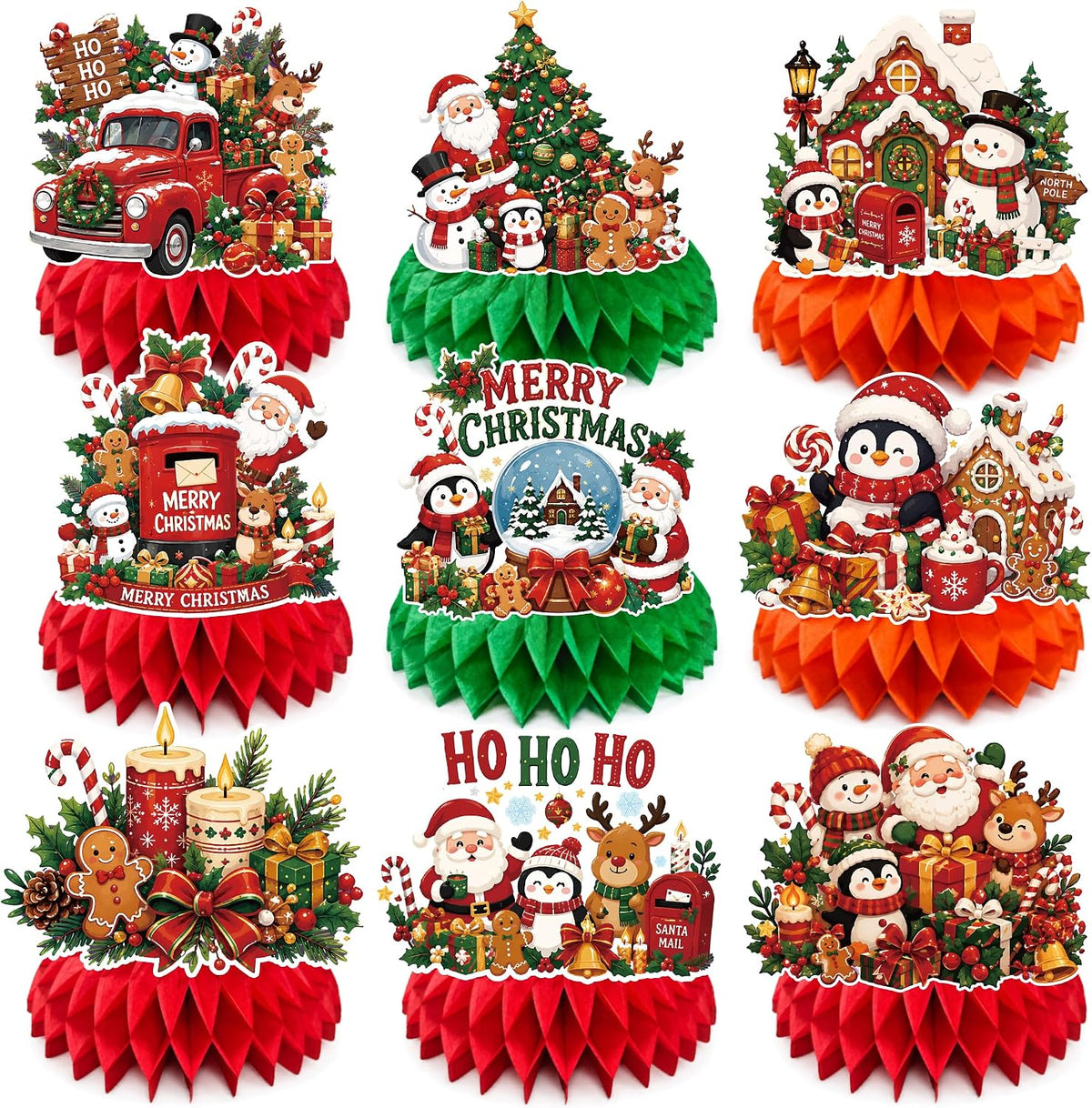 Christmas Decorations - 9 PCS Santa Snowman Reindeer Honeycomb for Christmas Table Decorations