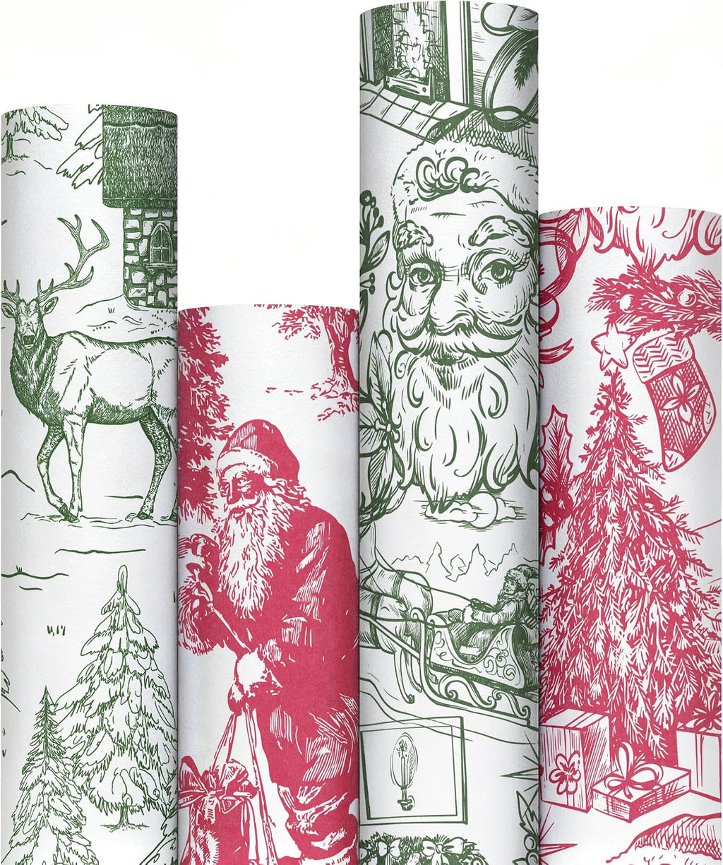 RUSPEPA Kraft Christmas Wrapping Paper Set, Jumbo Roll, Red Green Vintage Toile Santa, Tree, Deer & Winter Scene Design Gift Wrap for Xmas Holiday, Rustic Party, 4 Rolls, 30 Inches x 10 Feet per Roll