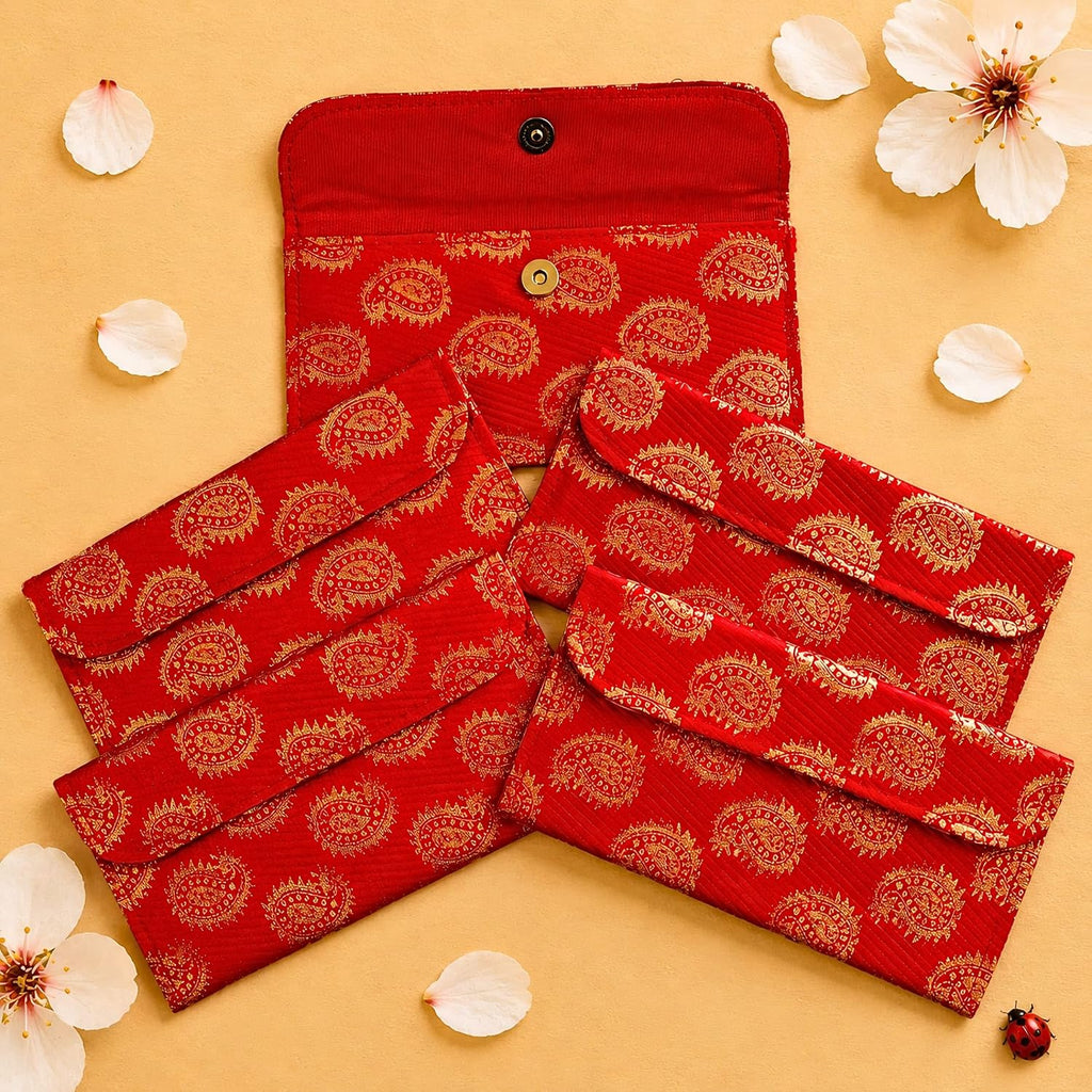 LoveNspire Brocade Fabric Money Envelopes (7.5 x 3.5 Inch) Decorative Paisley Pattern Shagun Lifafa for Indian Wedding, Birthday | Cash Gift Holder & Home Savings Organizer Red/Pack of 20