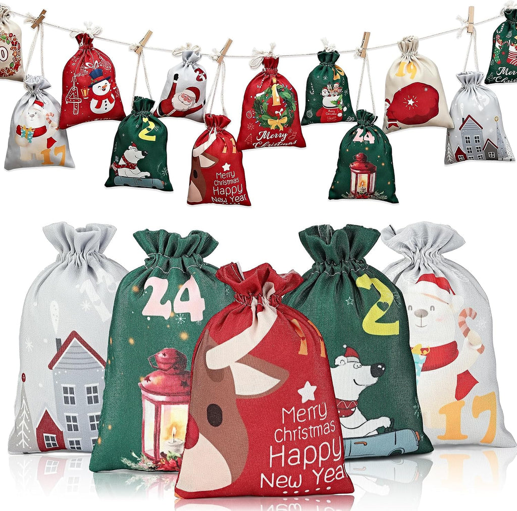 24 Pieces Christmas Burlap Gift Bags with Drawstrings Xmas goodie Bags Bulk for Winter Holiday Party Favor (Christmas Burlap Treat Bags 2025)