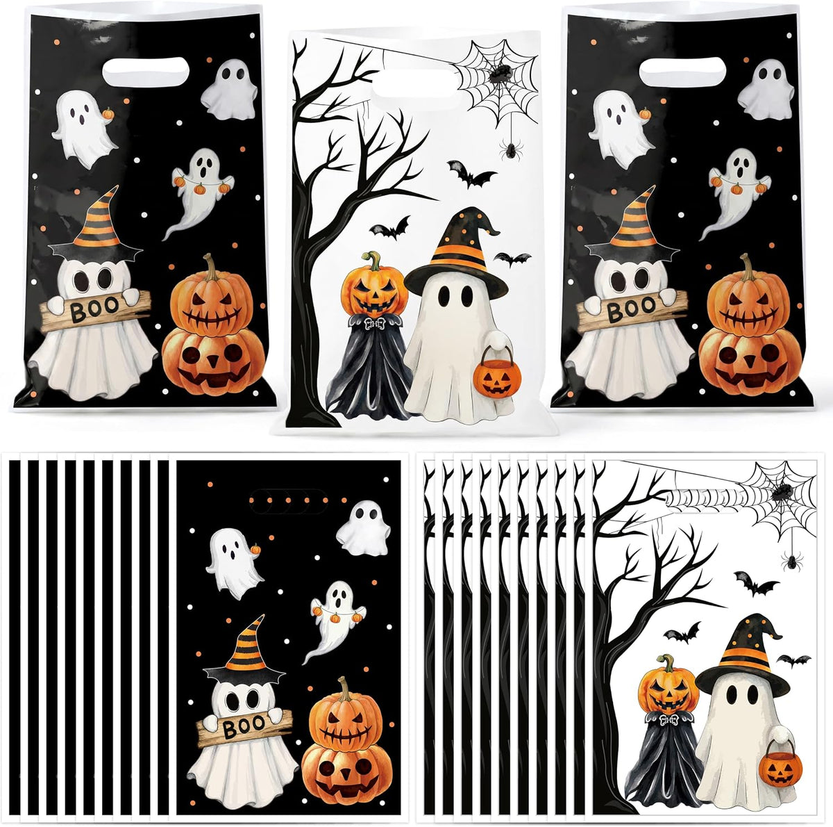 Haooryx Little Boo Party Favor Bag 50Pcs Halloween Pumpkin Plastic Gift Bag