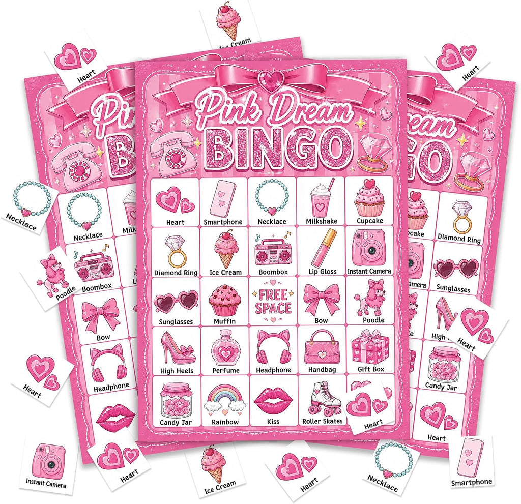 Pink Dream Glitter Bingo Game Cards, 24 Player Party Game for Girls