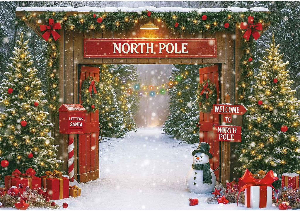 Christmas Photography Backdrop 8x6ft – Rustic Snowy Forest Barn Door with Xmas Tree, North Pole Winter Scene Fabric Photo Background for Family Party, Baby Holiday Photos