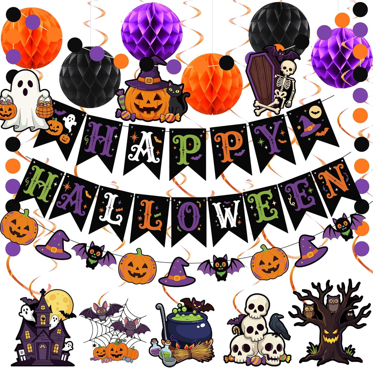 17 Pcs Halloween Party Decorations Indoor, Purple Orange Black Happy Halloween Banner Tissue Pom Poms Hanging Swirls, Spooky Cute Room Ceiling Wall Decor Supplies