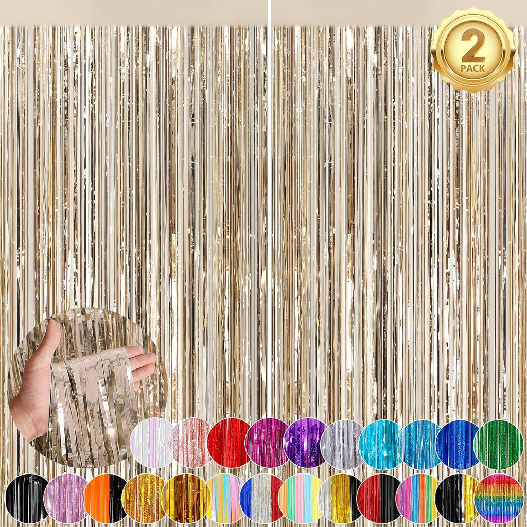 Champagne Gold Party Decoration, 2 Pack Tinsel Backdrop Foil Fringe Curtain
