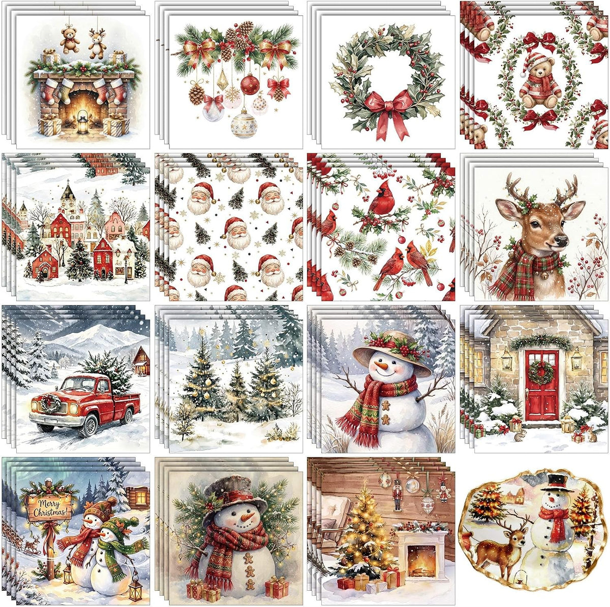 Tenzceur 48 Pack 24 Styles Vintage Christmas Napkins for Decoupage, 13 Inch