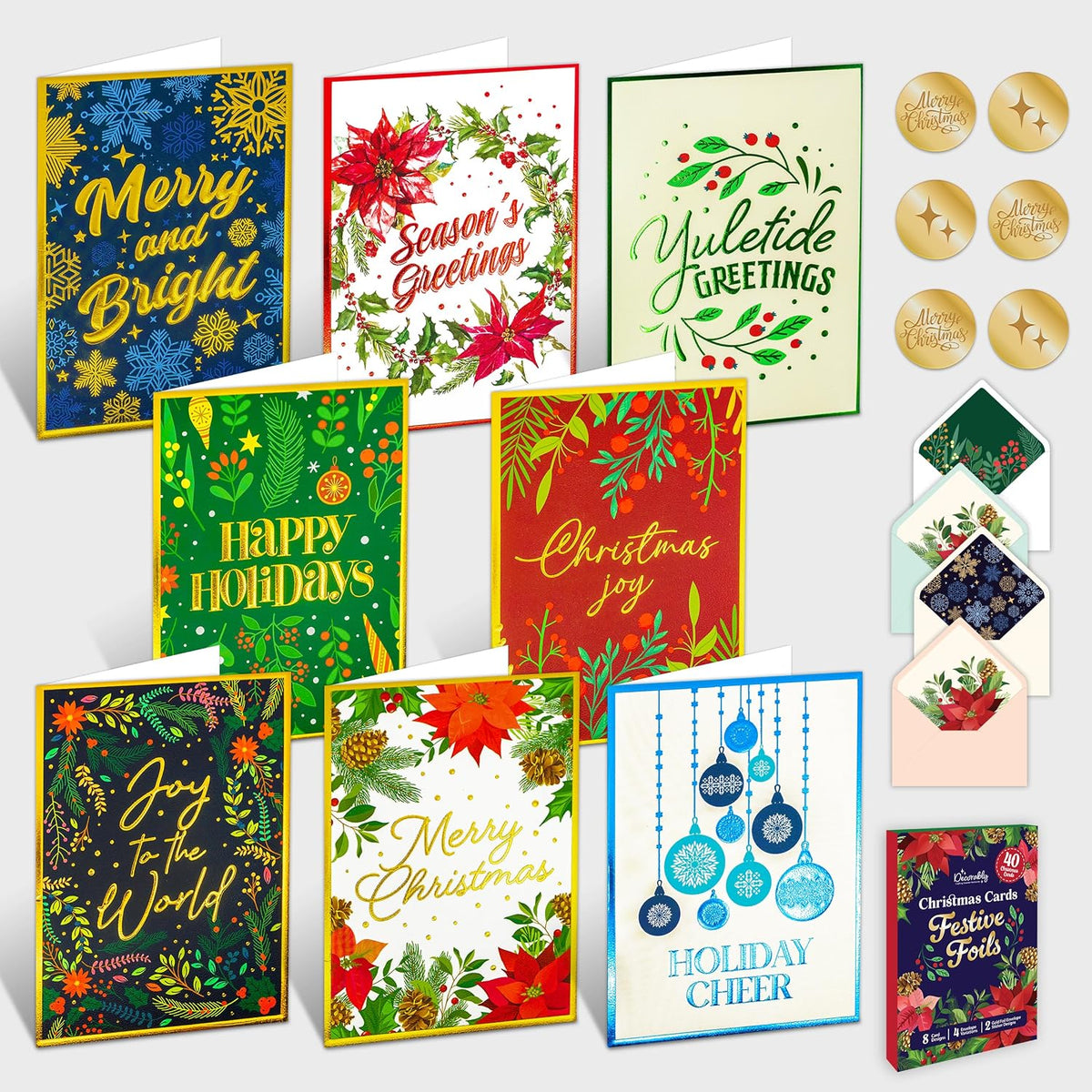 Decorably 40 Pack Foil Embossed 5x7in Assorted Christmas Cards