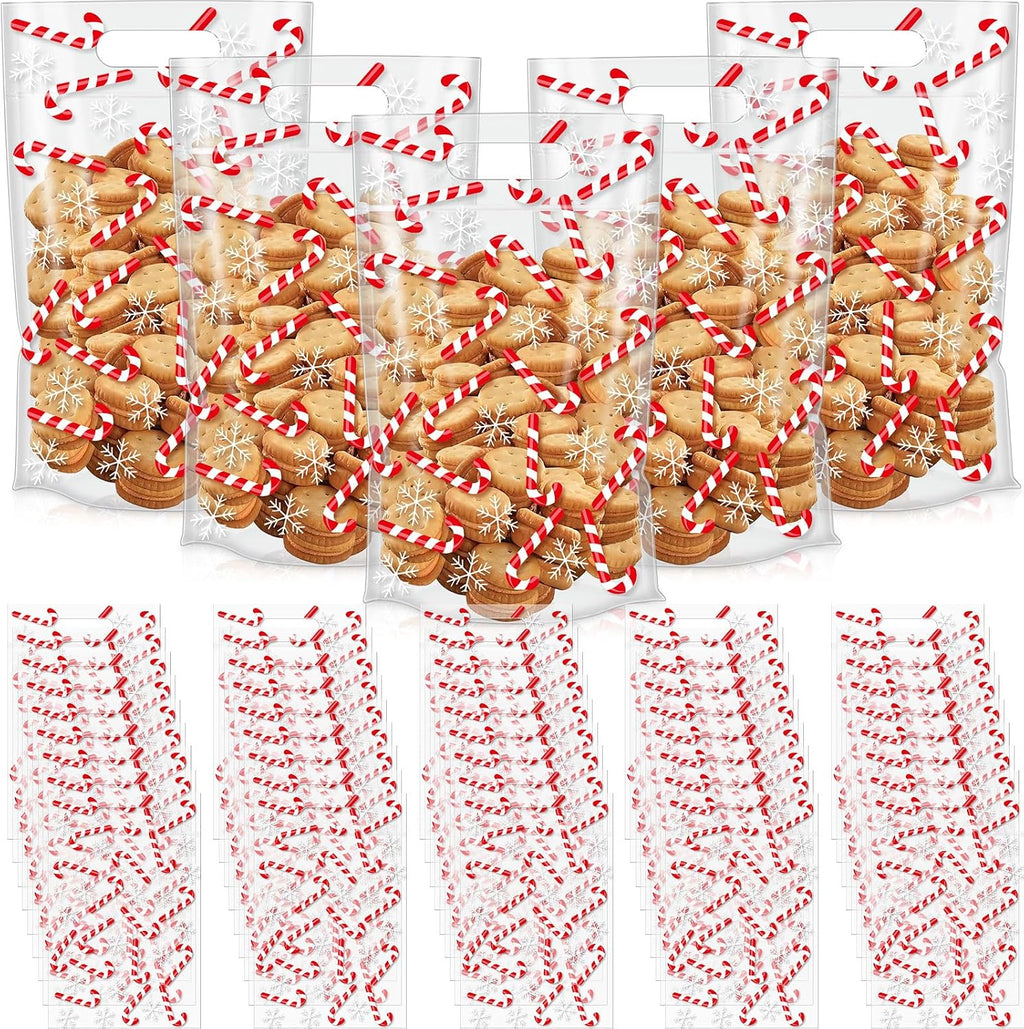 Engrowtic 100 Pcs Christmas Treat Bags Resealable Christmas Zipper Bags Candy Cane Plastic Gift Bag Holiday Bag with Handles for Xmas Party Favor Wrapping Supplies