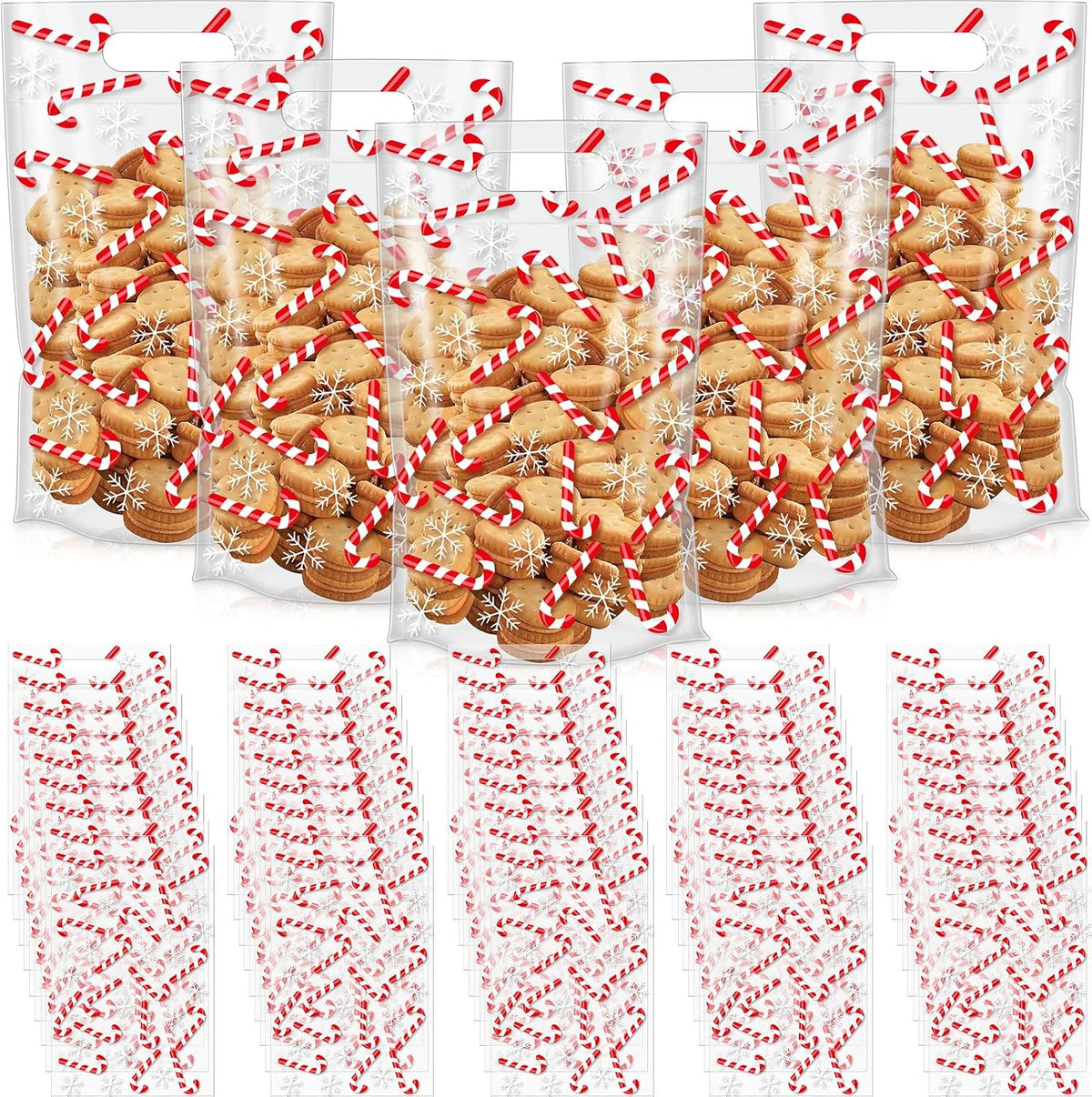 Engrowtic 100 Pcs Christmas Treat Bags Resealable Christmas Zipper Bags Candy Cane Plastic Gift Bag Holiday Bag with Handles for Xmas Party Favor Wrapping Supplies
