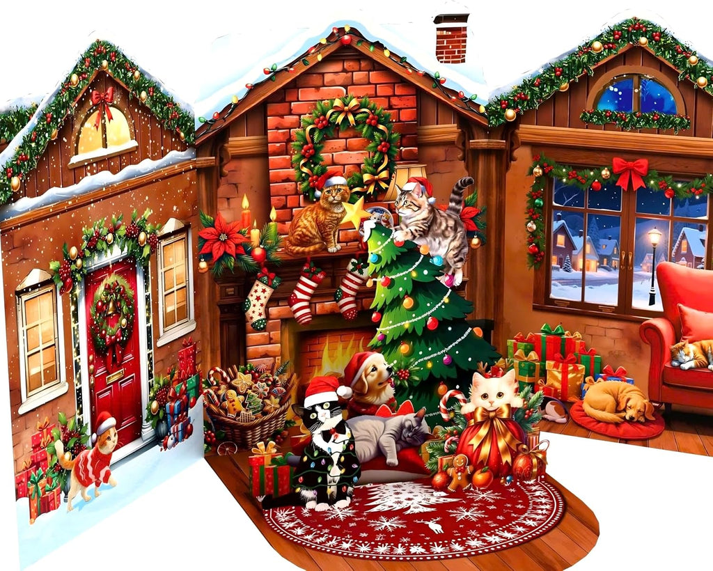 Cat Christmas Cards, Fireplace Pop Up Christmas Card, Xmas 3D Greeting Holiday Card for Cat Lovers, Happy Funny Fireplace Holiday Cards for Kids Mom Mother Women Wife Friends