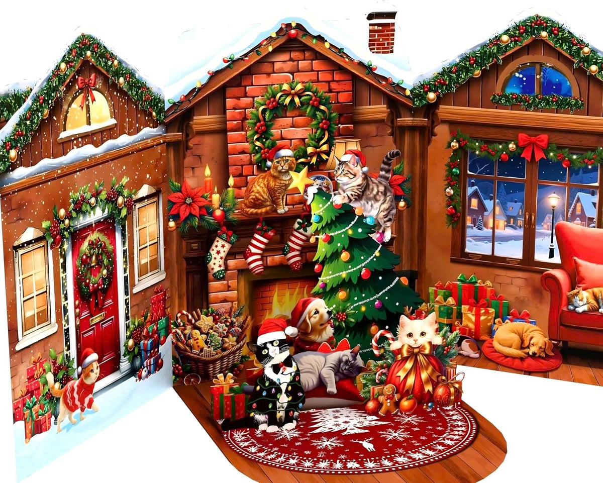 Cat Christmas Cards, Fireplace Pop Up Christmas Card, Xmas 3D Greeting Holiday Card for Cat Lovers, Happy Funny Fireplace Holiday Cards for Kids Mom Mother Women Wife Friends