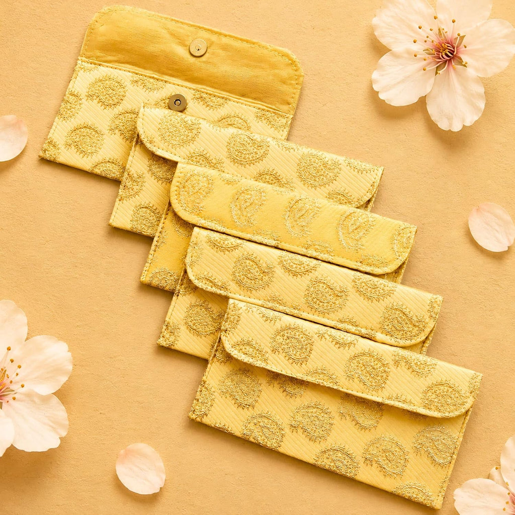 LoveNspire Brocade Fabric Money Envelopes (7.5 x 3.5 Inch) Decorative Paisley Pattern Shagun Lifafa for Indian Wedding, Birthday | Cash Gift Holder & Home Savings Organizer Beige/Pack of 10