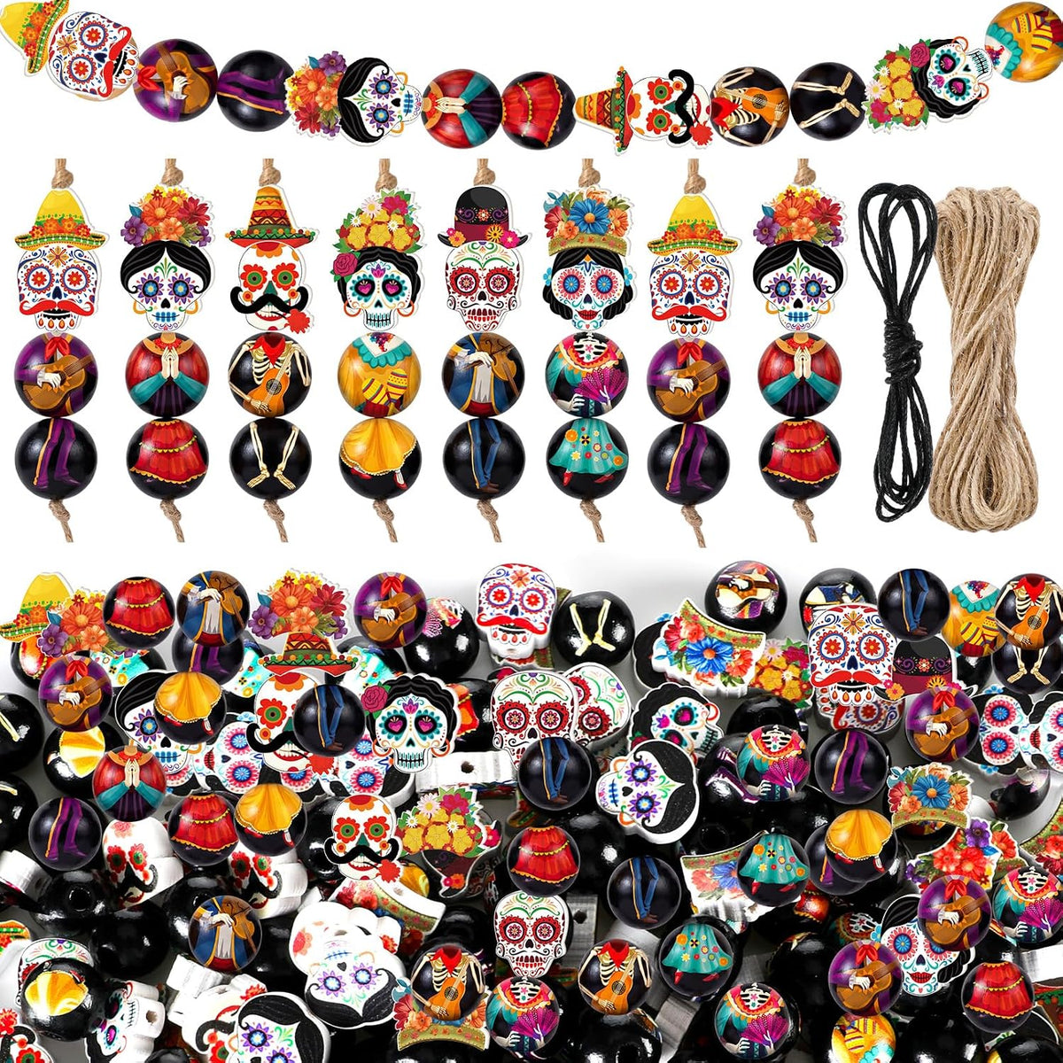 Cinnvoice 240 Pcs Holiday Wood Beads with Twine,Day of the Dead