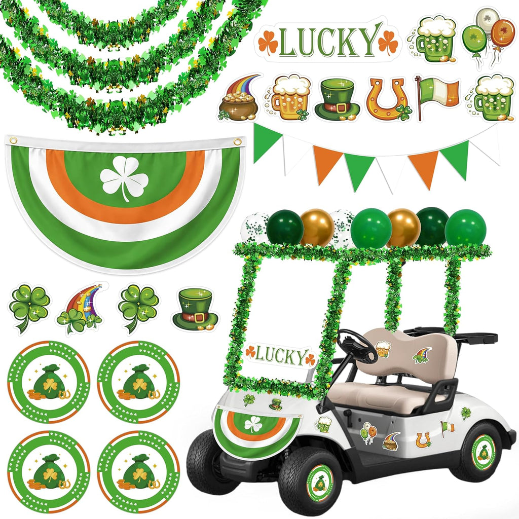 33Pcs St Patricks Day Golf Cart Parade Decorations Kit - Green Bunting Burlap Flag Tinsel Garlands Banner Balloons for Irish Float Party Decor