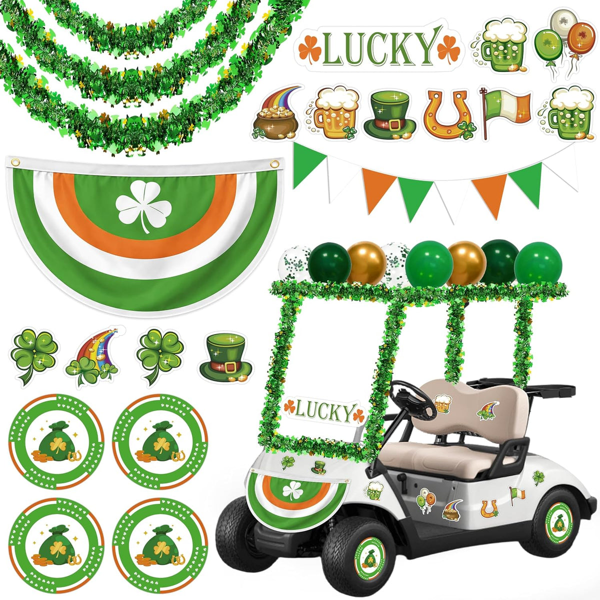 33Pcs St Patricks Day Golf Cart Parade Decorations Kit - Green Bunting Burlap Flag Tinsel Garlands Banner Balloons for Irish Float Party Decor