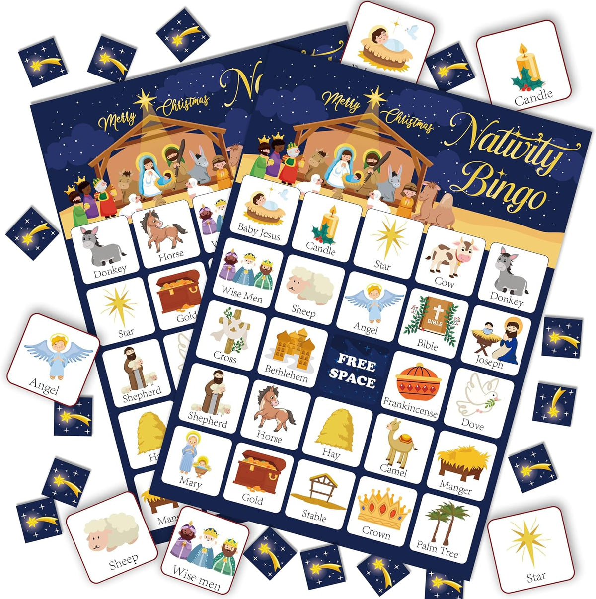 24-Person Christmas Bible Bingo Cards Set - Large Group Religious Party Games for Adults - Nativity Scene Sunday Church Activity Supplies - Christian Faith-Based Holiday Bingo Game